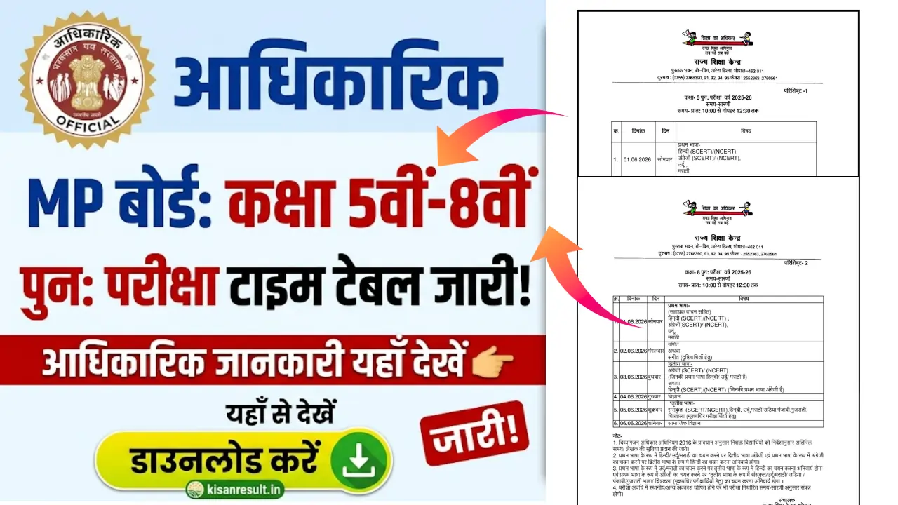 MP Board 5th 8th Re Exam Time Table 2026 PDF Download: कक्षा 5वीं-8वीं पुनः परीक्षा टाइम टेबल जारी, यहाँ से करें डाउनलोड